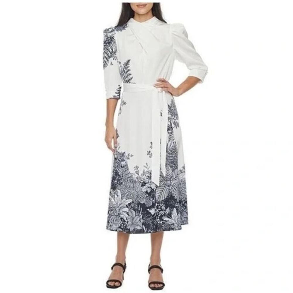 NWT Floral Print Midi Dress in White with Black Botanical Print Women's Large